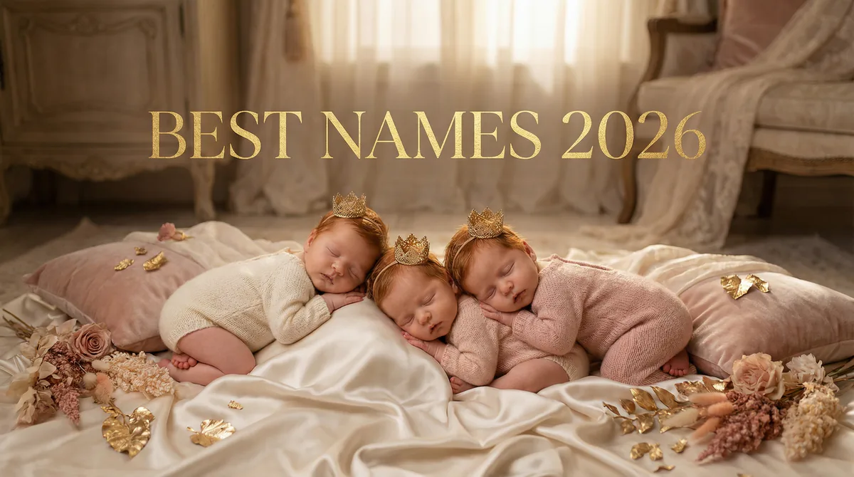 Best Baby Names 2026: Fashion photoshoot of three redhead newborns with gold foil title typography - SoulSeed Baby Names