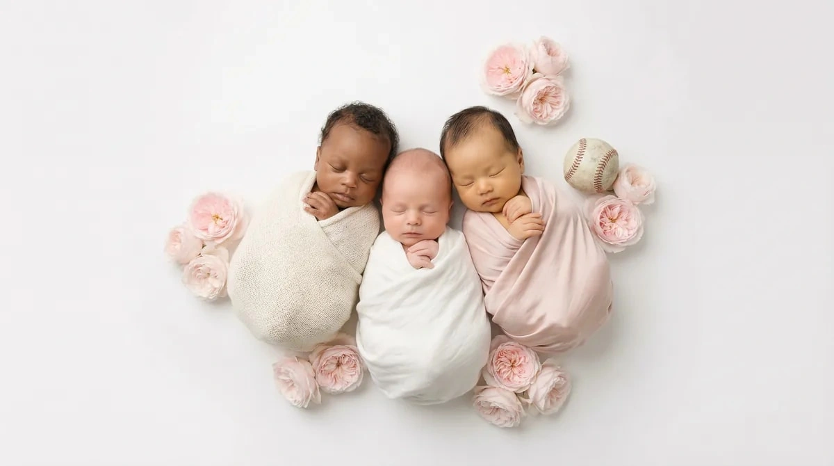 Newborn in baseball themed fashion photoshoot with baseball pink roses softball