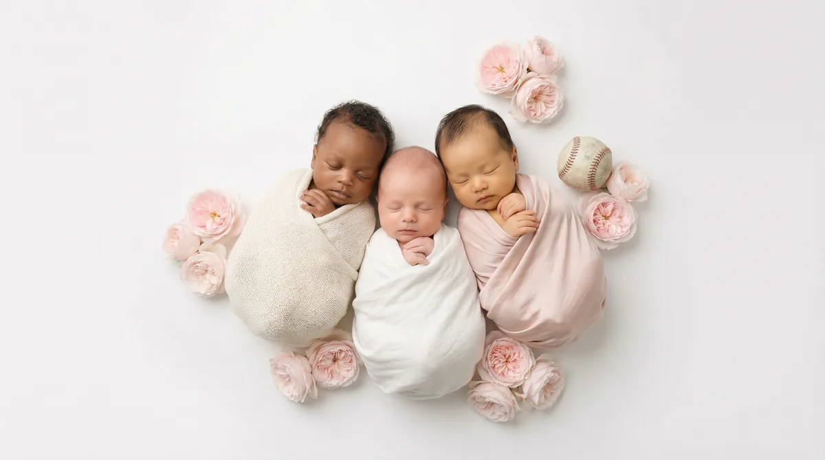 Newborn in baseball themed fashion photoshoot with baseball pink roses softball