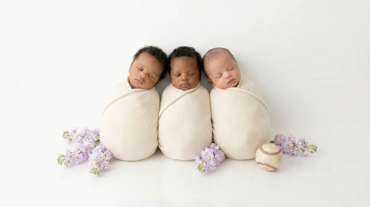 Newborn in baseball themed fashion photoshoot with baseball lavender baseball