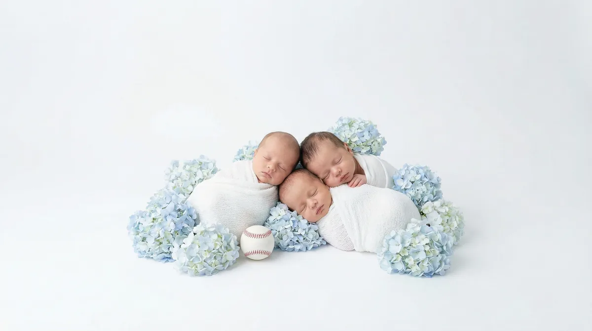 Newborn in baseball themed fashion photoshoot with baseball blue hydrangea baseball