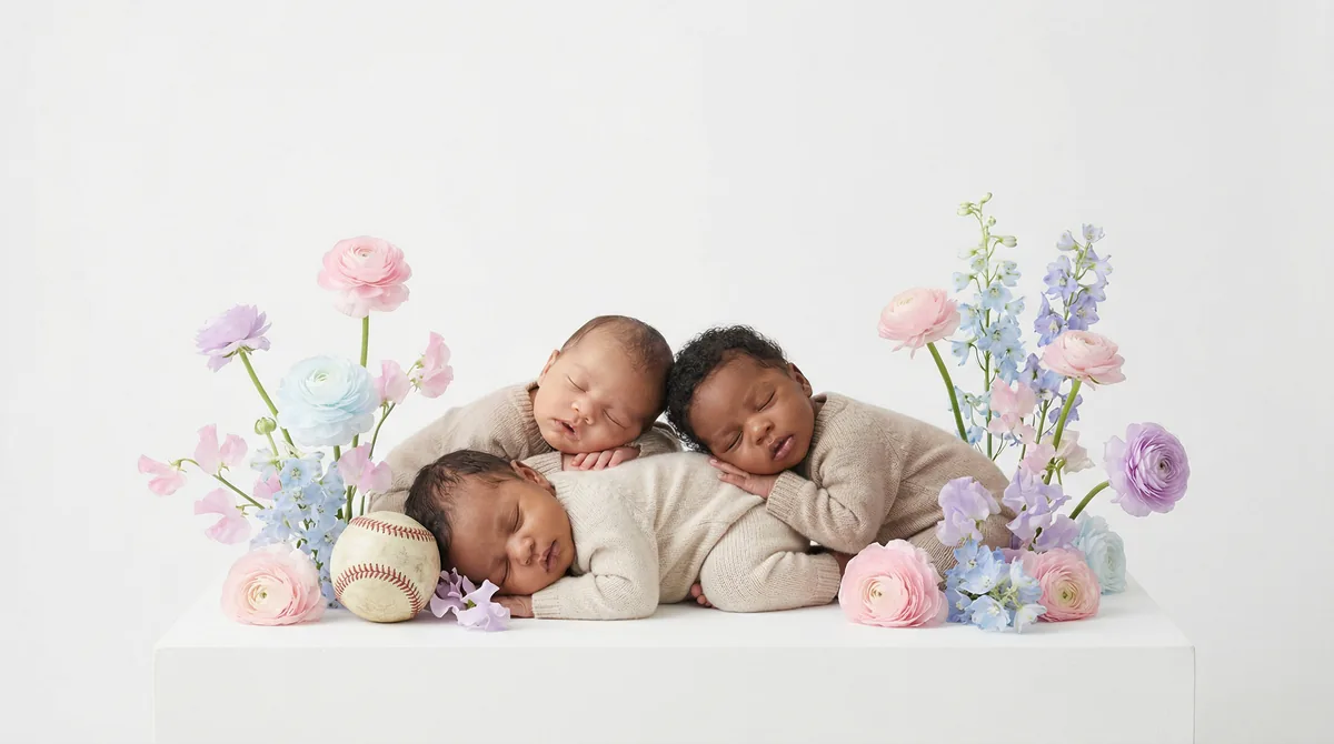Newborn in baseball themed fashion photoshoot with baseball pastels baseball