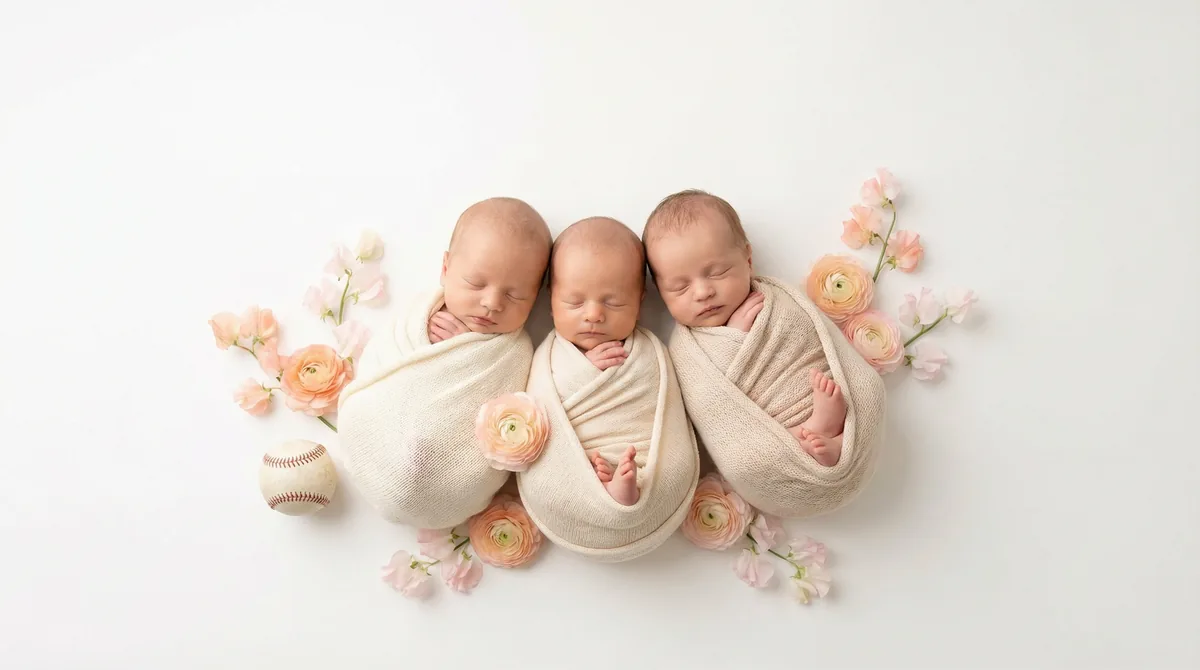 Newborn in baseball themed fashion photoshoot with baseball peach flowers baseball