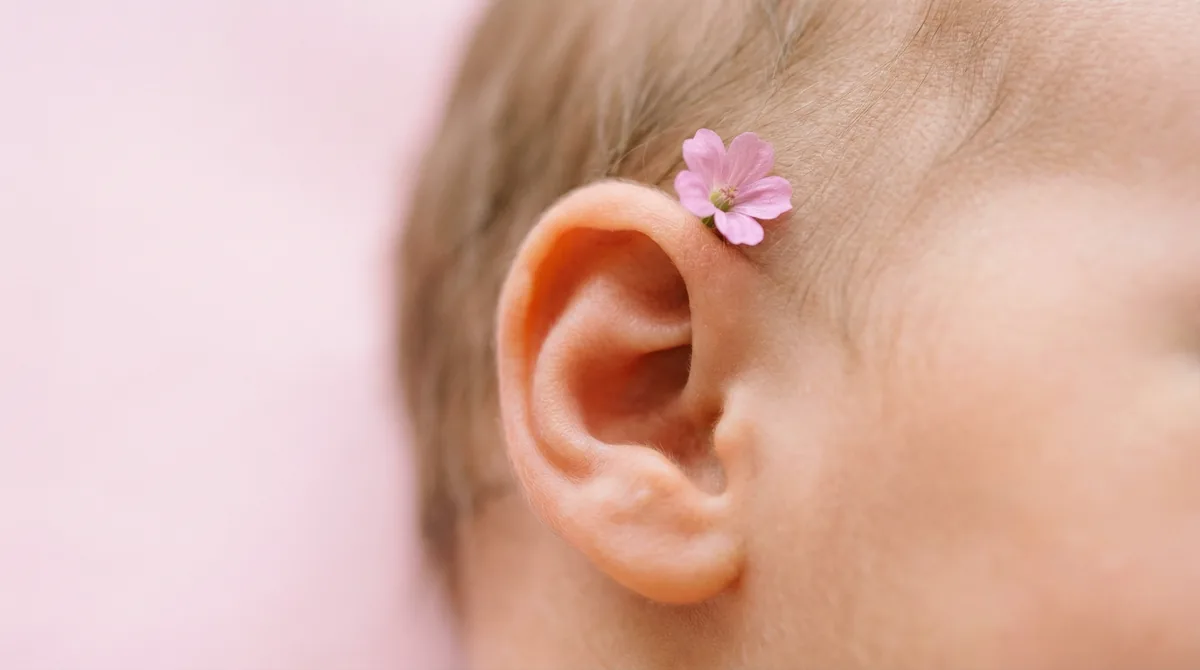 Artistic close-up of newborn baby with close up ear tiny flower