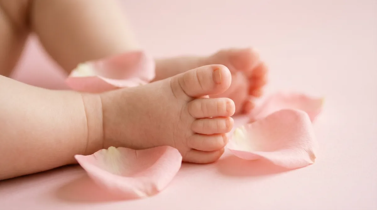 Artistic close-up of newborn baby with close up tiny feet rose petals