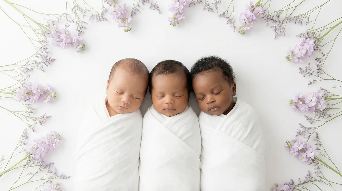 Editorial newborn fashion photoshoot with babies lavender field