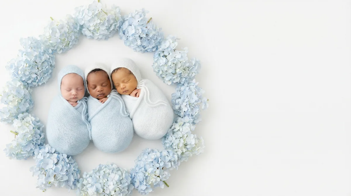 Editorial newborn fashion photoshoot with newborns hydrangea cloud