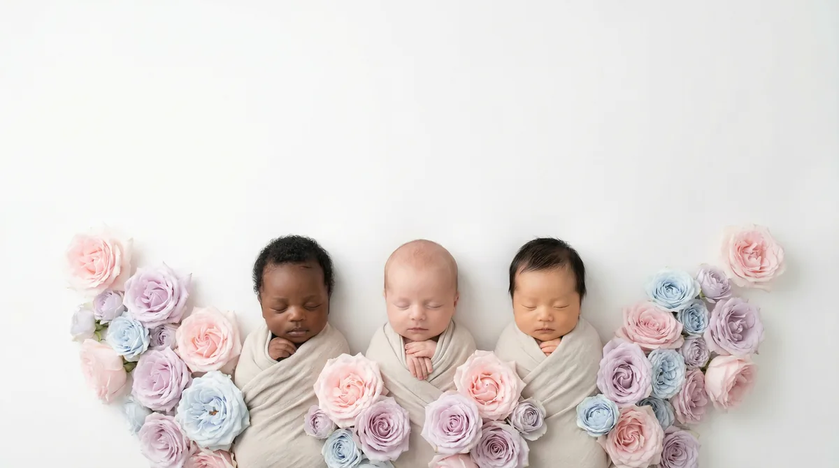 Editorial newborn fashion photoshoot with three babies garden roses