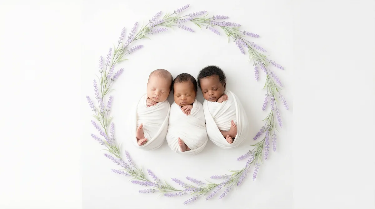 Editorial newborn fashion photoshoot with babies lavender wreath