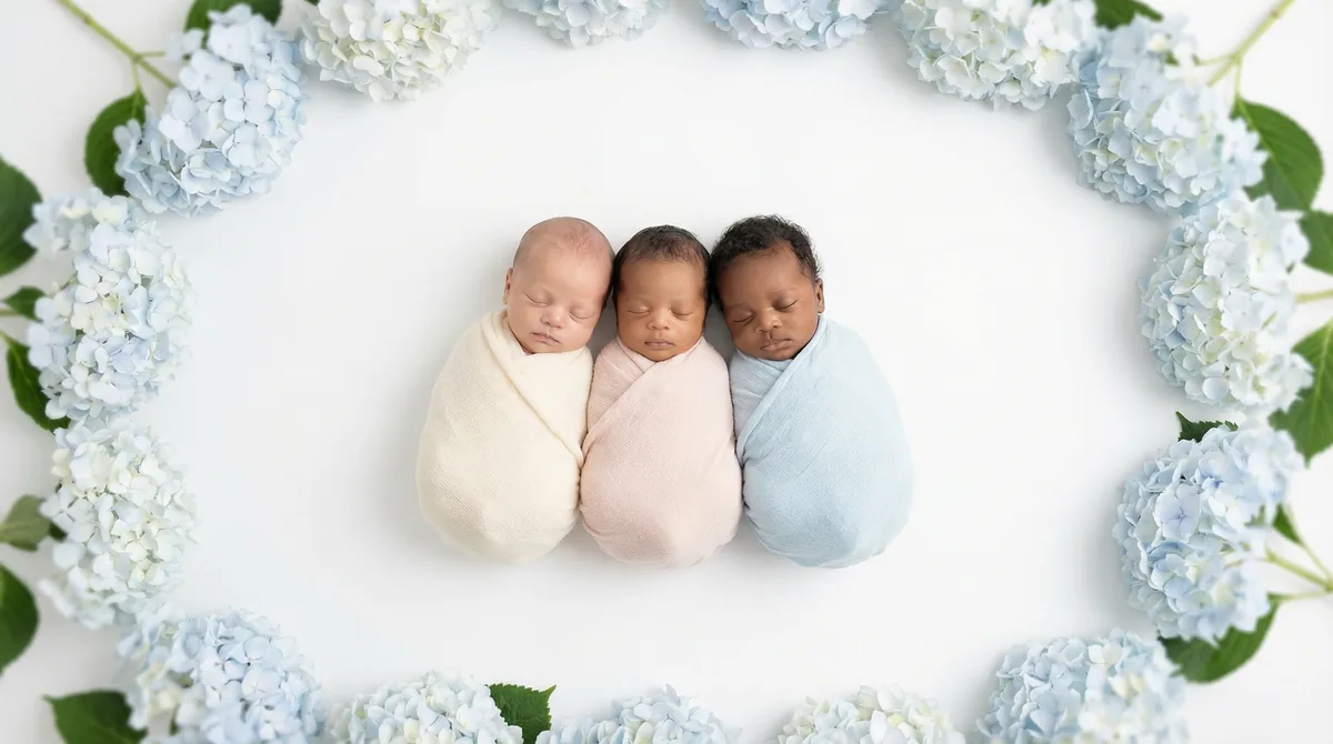 Editorial newborn fashion photoshoot with newborns hydrangea border