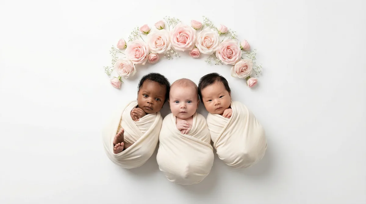 Editorial newborn fashion photoshoot with three babies rose crown