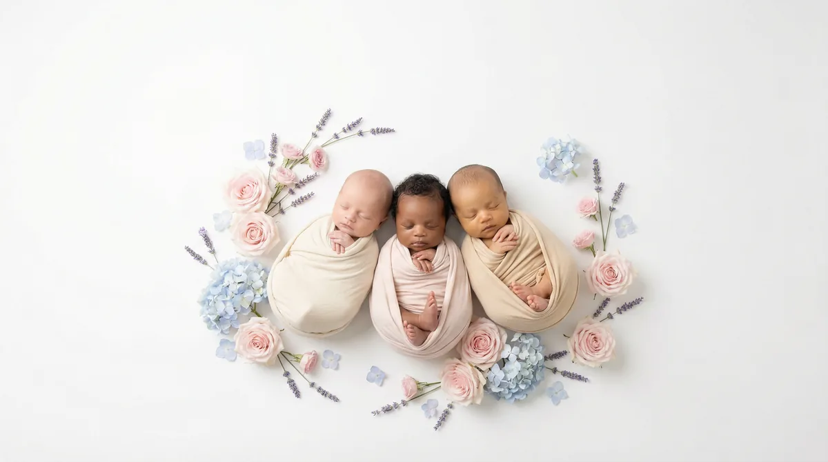 Editorial newborn fashion photoshoot with three babies florals