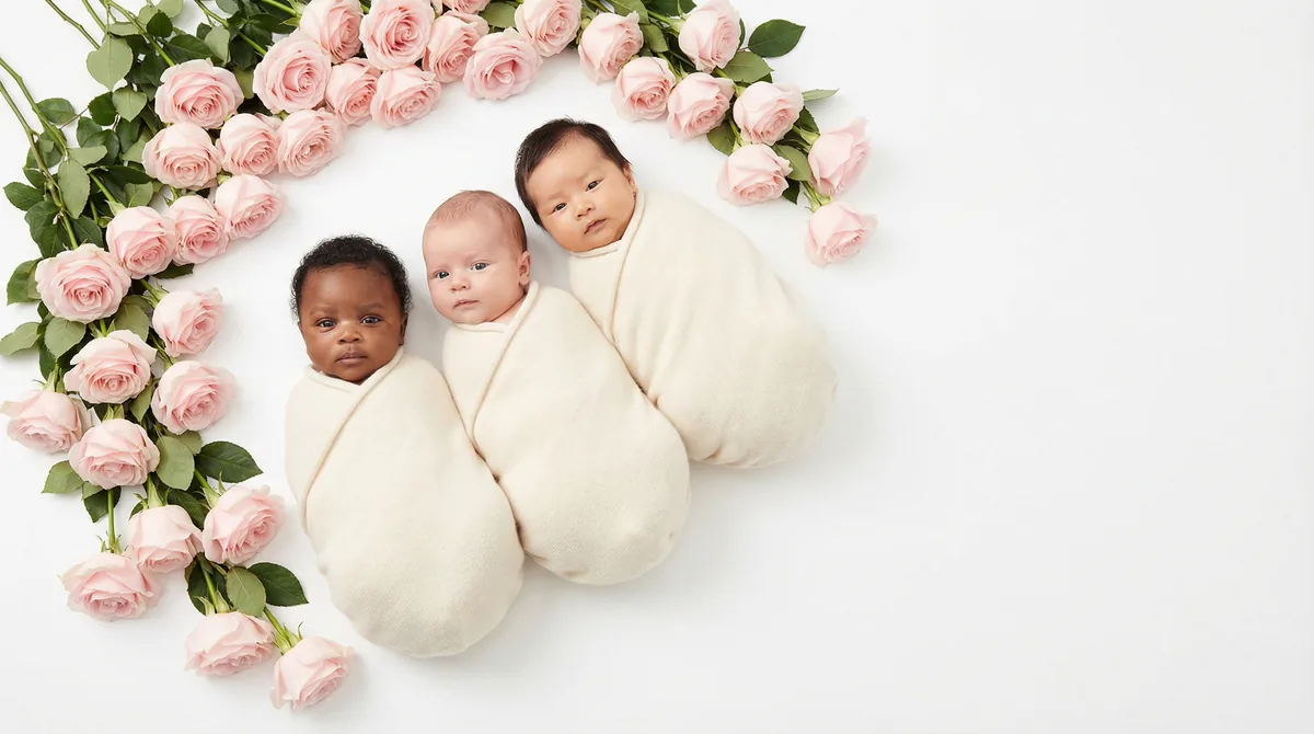 Editorial newborn fashion photoshoot with babies rose cascade