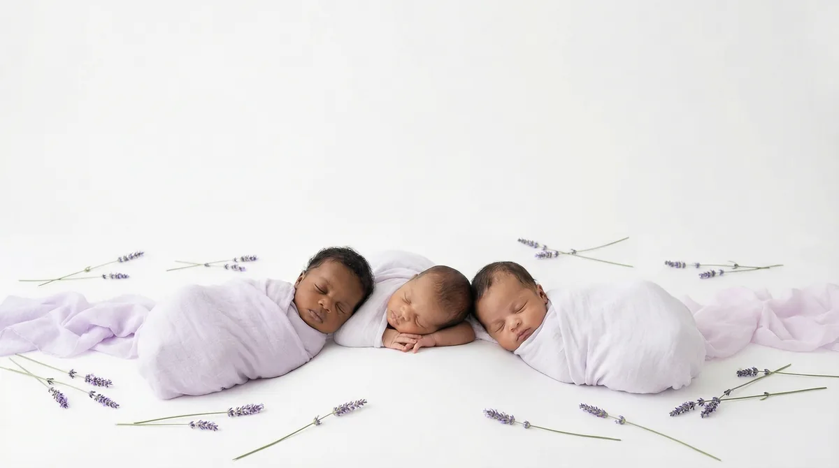 Editorial newborn fashion photoshoot with newborns lavender field minimal
