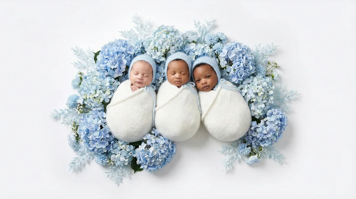 Editorial newborn fashion photoshoot with three babies hydrangea luxury
