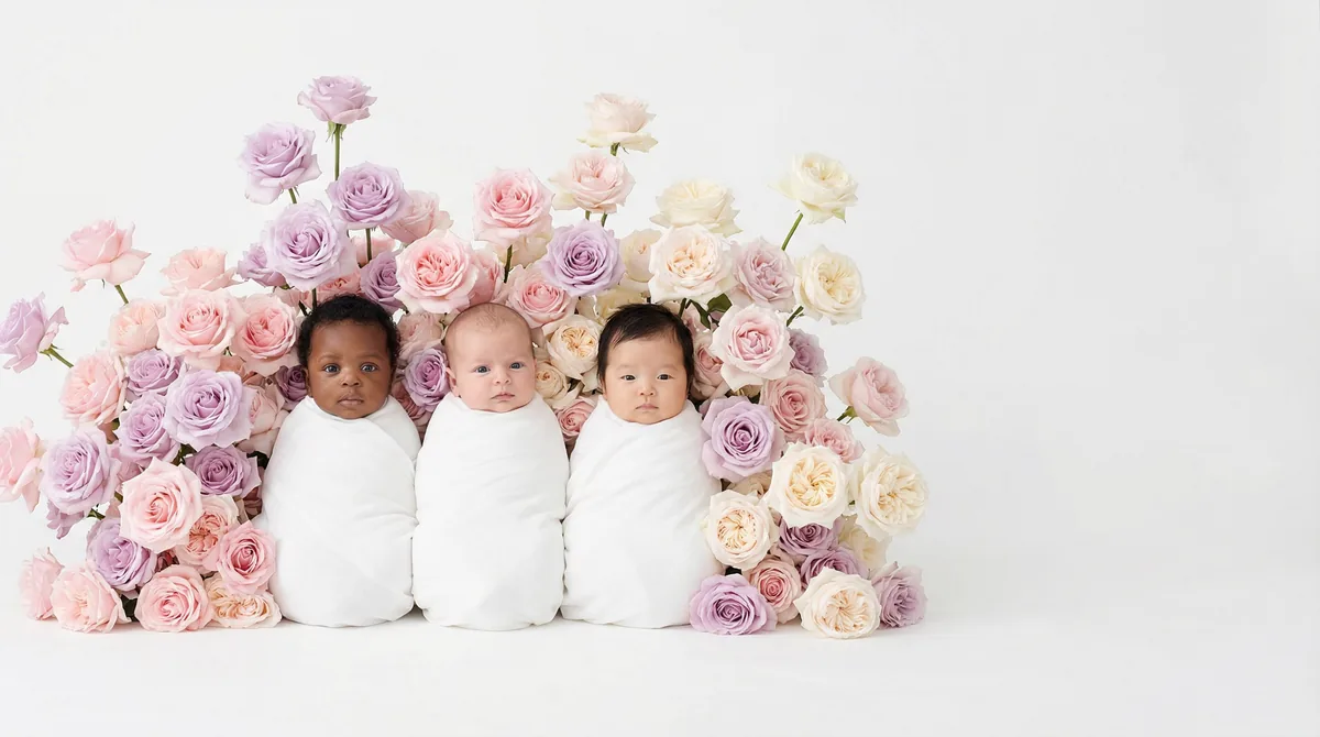 Editorial newborn fashion photoshoot with babies garden rose luxury