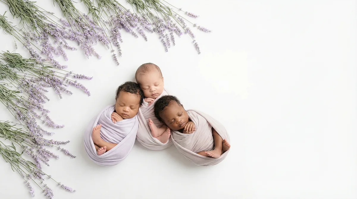 Editorial newborn fashion photoshoot with newborns lavender cascade