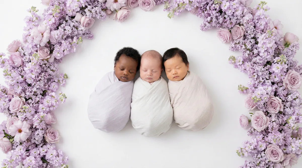 Editorial newborn fashion photoshoot with babies lavender luxury