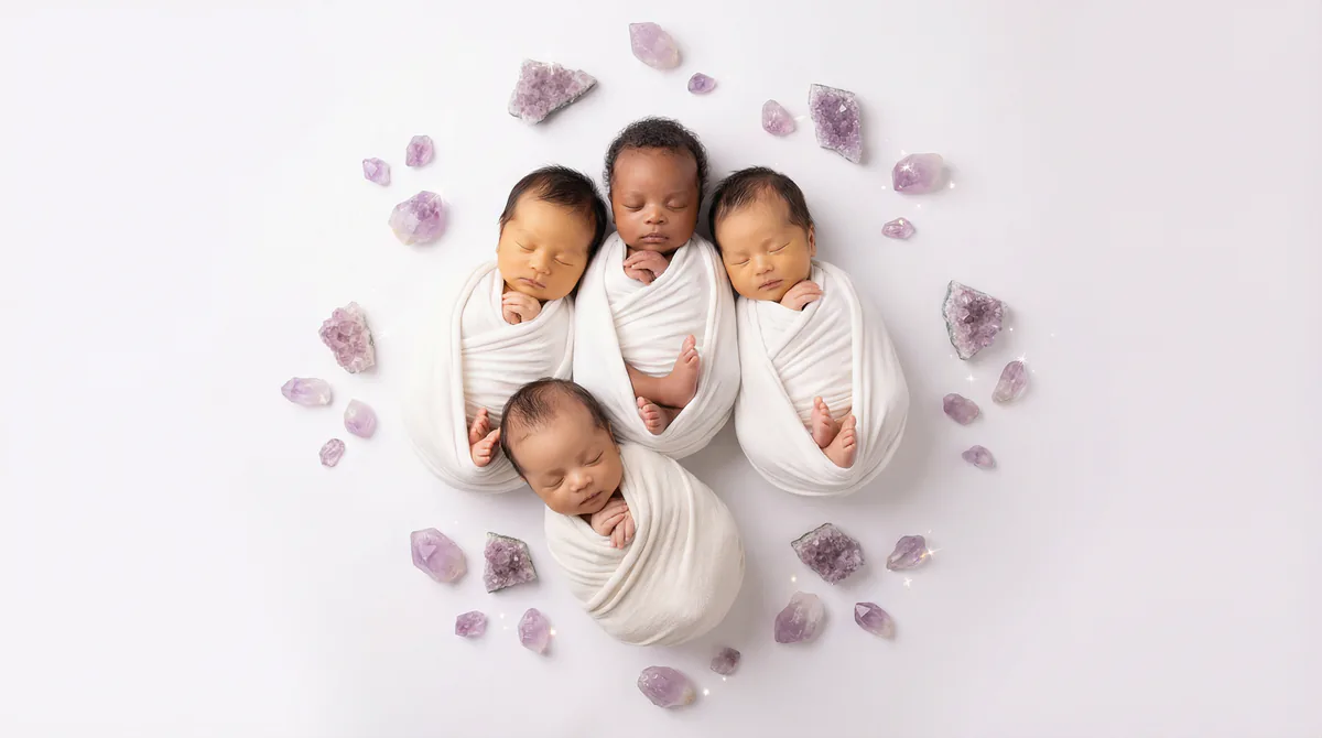 Diverse multicultural newborns in editorial fashion photoshoot with four newborns amethyst gemstones