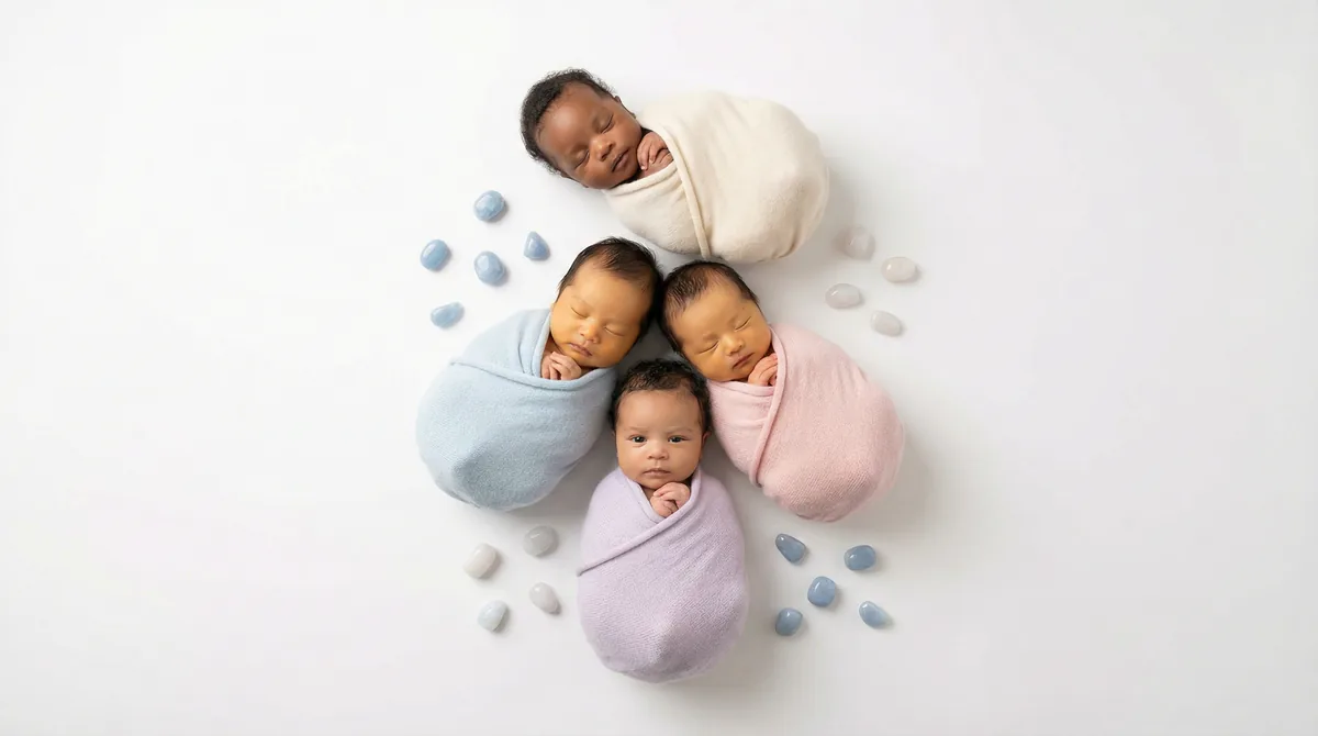 Diverse multicultural newborns in editorial fashion photoshoot with four newborns angelite gemstones