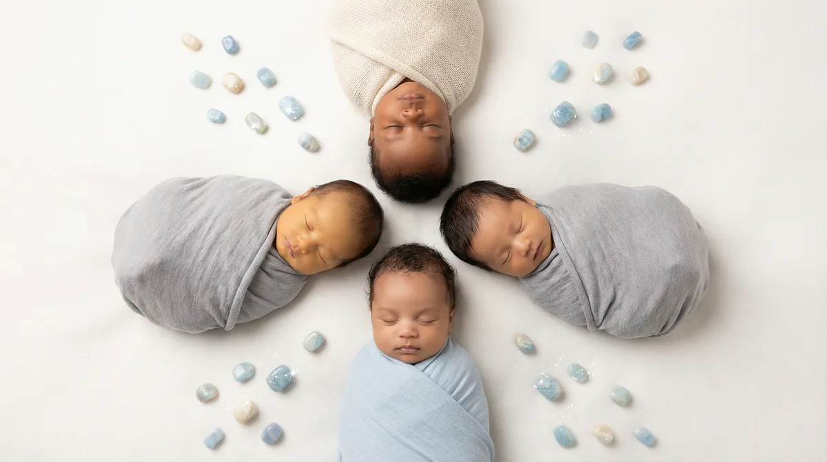 Diverse multicultural newborns in editorial fashion photoshoot with four newborns blue aragonite gemstones