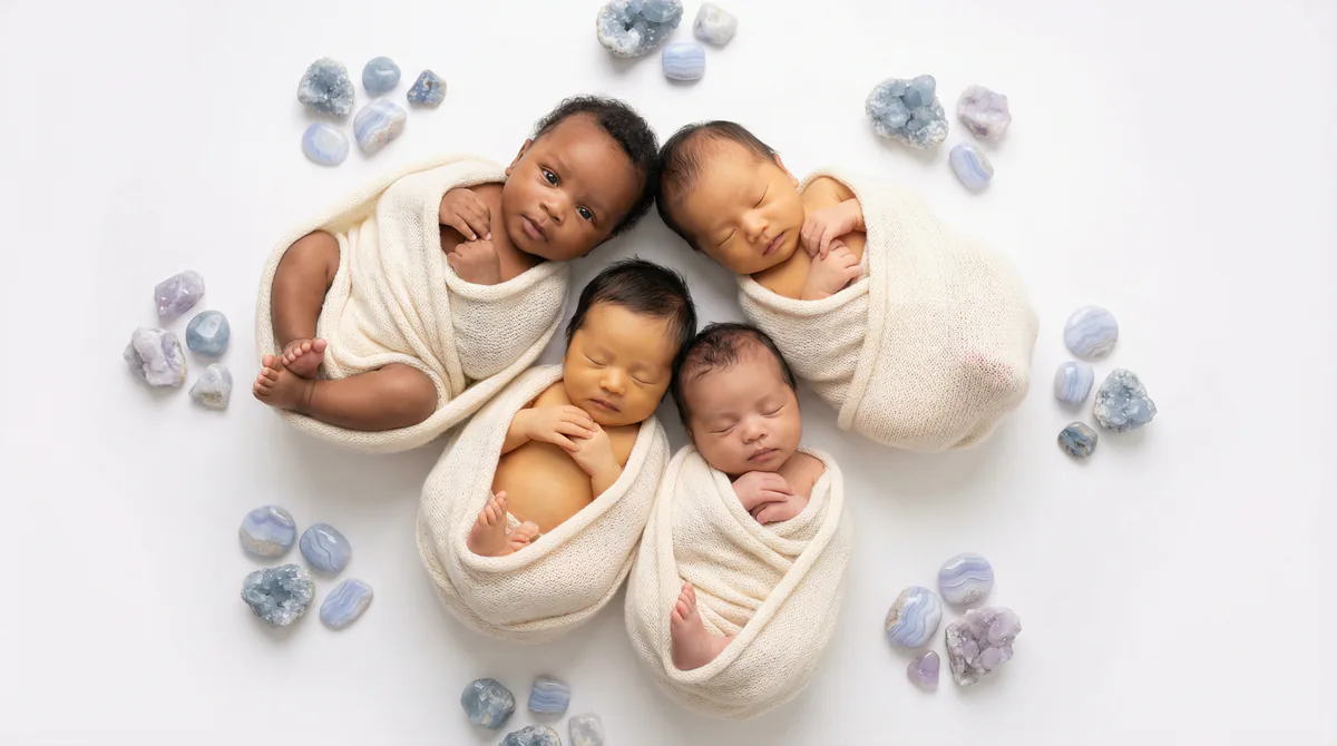 Diverse multicultural newborns in editorial fashion photoshoot with four newborns blue lace gemstones