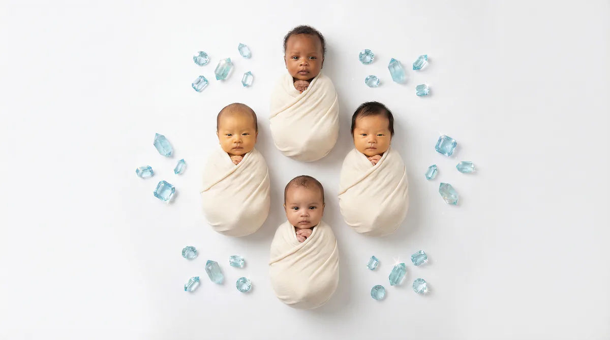 Diverse multicultural newborns in editorial fashion photoshoot with four newborns blue topaz gemstones