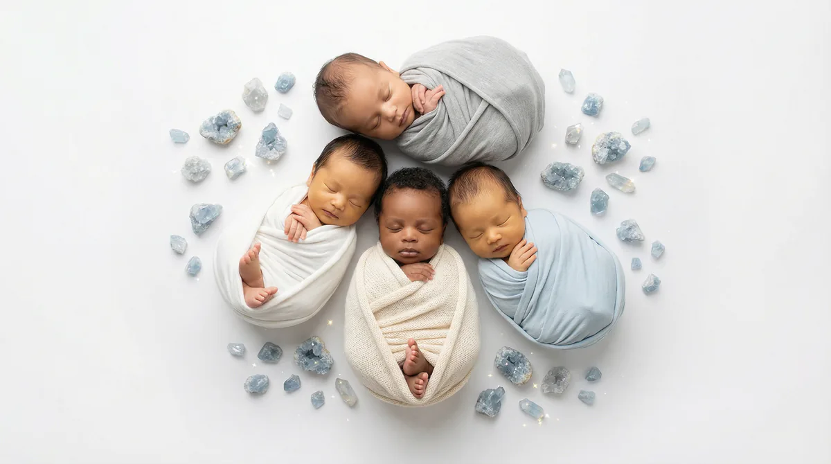 Diverse multicultural newborns in editorial fashion photoshoot with four newborns celestite gemstones