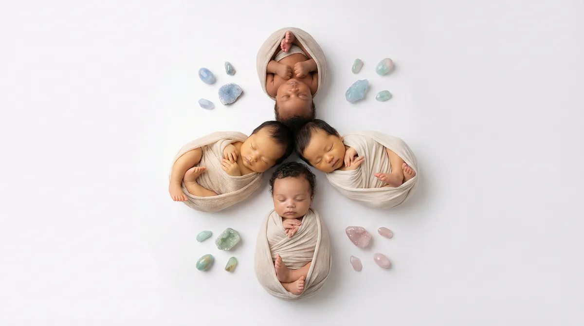 Diverse multicultural newborns in editorial fashion photoshoot with four newborns chalcedony gemstones