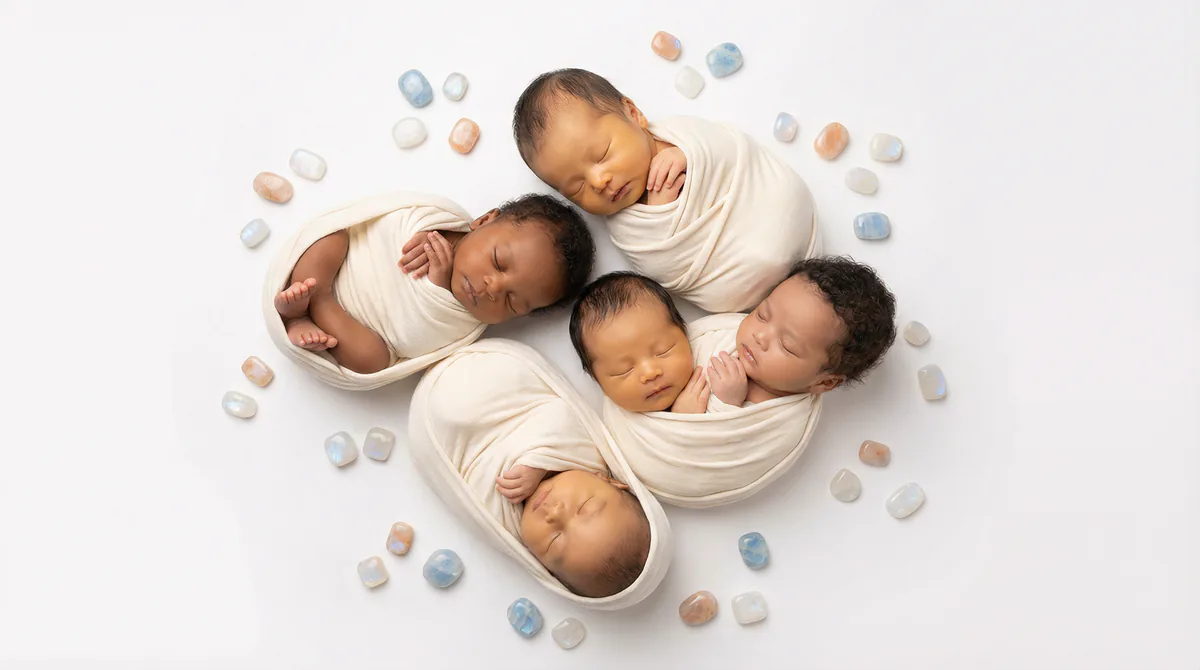 Diverse multicultural newborns in editorial fashion photoshoot with four newborns moonstone gemstones