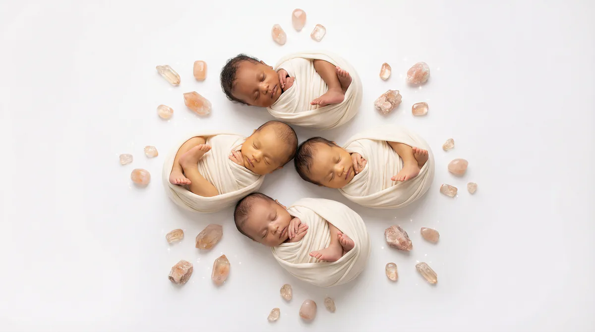 Diverse multicultural newborns in editorial fashion photoshoot with four newborns morganite gemstones