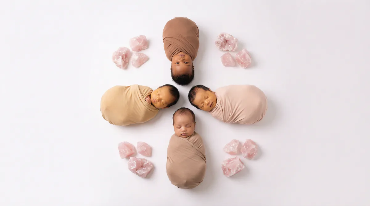 Diverse multicultural newborns in editorial fashion photoshoot with four newborns pink calcite gemstones