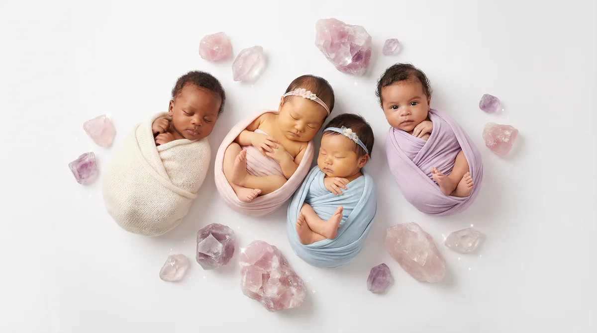 Diverse multicultural newborns in editorial fashion photoshoot with four newborns pink fluorite gemstones