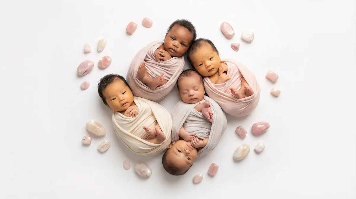 Diverse multicultural newborns in editorial fashion photoshoot with four newborns pink opal gemstones