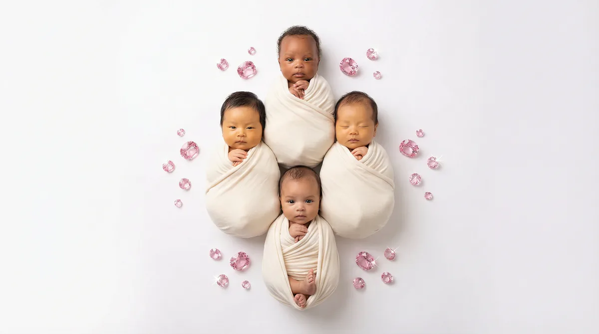 Diverse multicultural newborns in editorial fashion photoshoot with four newborns pink sapphire gemstones