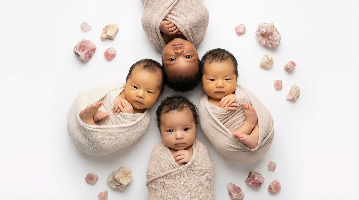 Diverse multicultural newborns in editorial fashion photoshoot with four newborns rhodochrosite gemstones