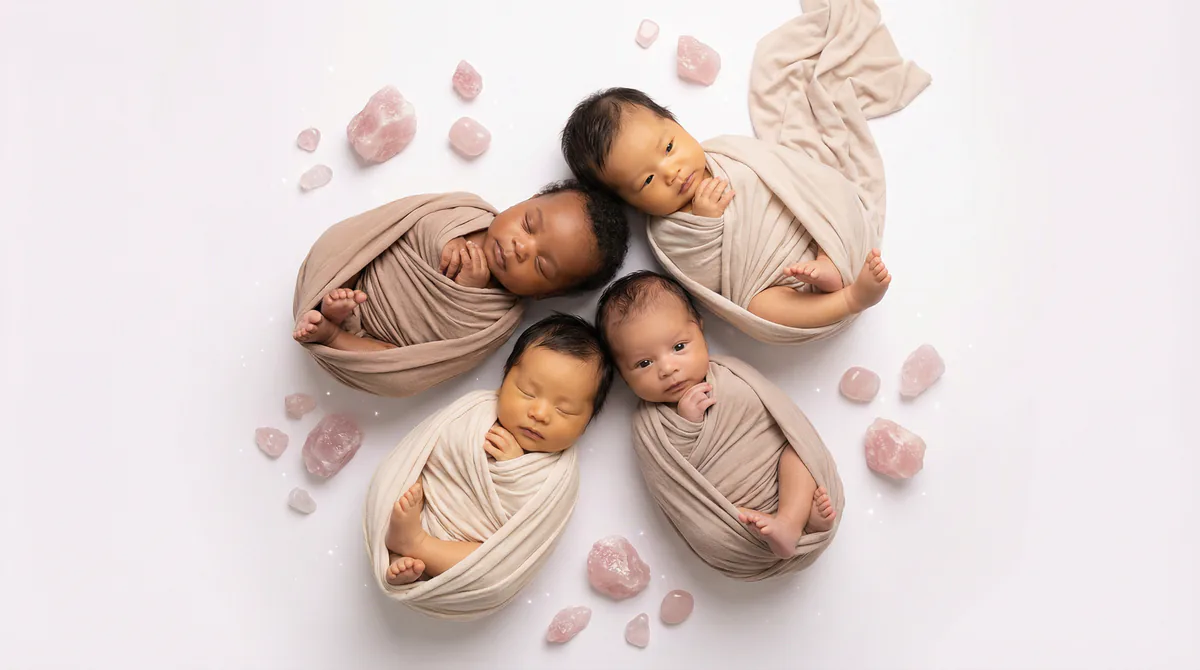 Diverse multicultural newborns in editorial fashion photoshoot with four newborns rose quartz gemstones