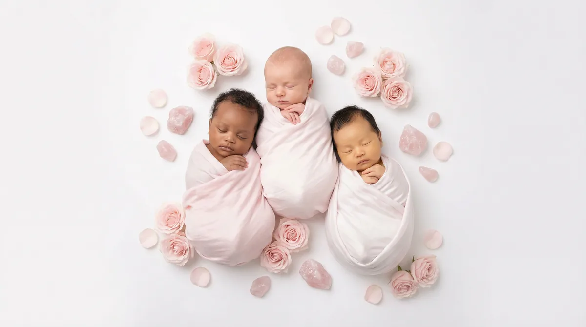 Editorial baby photoshoot with gemstones: gem rose quartz roses