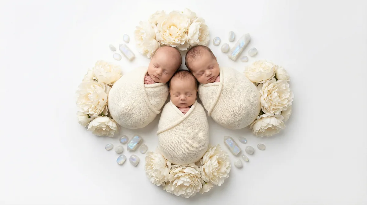 Editorial baby photoshoot with gemstones: gem moonstone white flowers