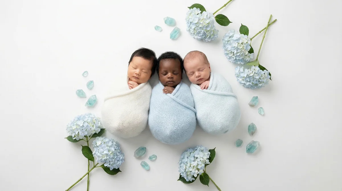 Editorial baby photoshoot with gemstones: gem aquamarine blue hydrangeas