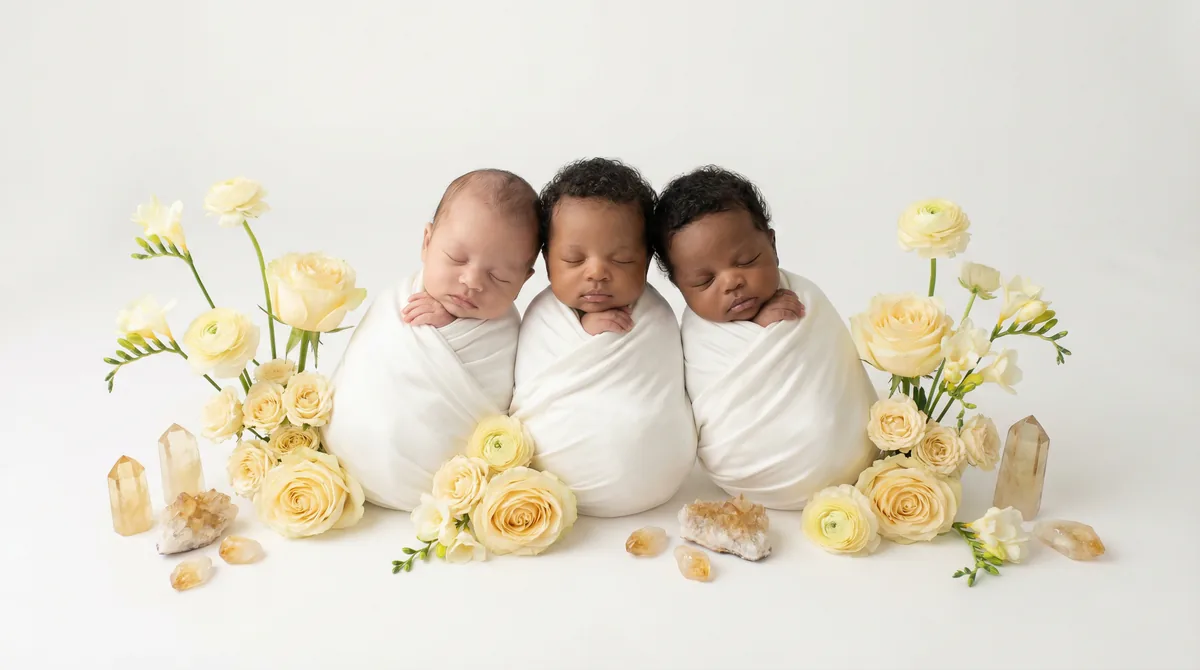 Editorial baby photoshoot with gemstones: gem citrine yellow flowers
