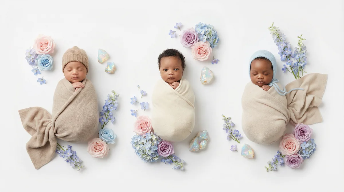 Editorial baby photoshoot with gemstones: gem opal pastels