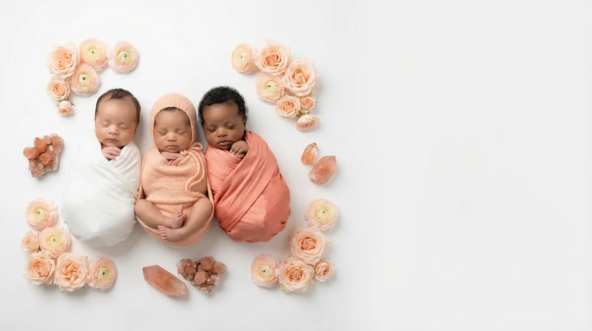 Editorial baby photoshoot with gemstones: gem coral peach warmth