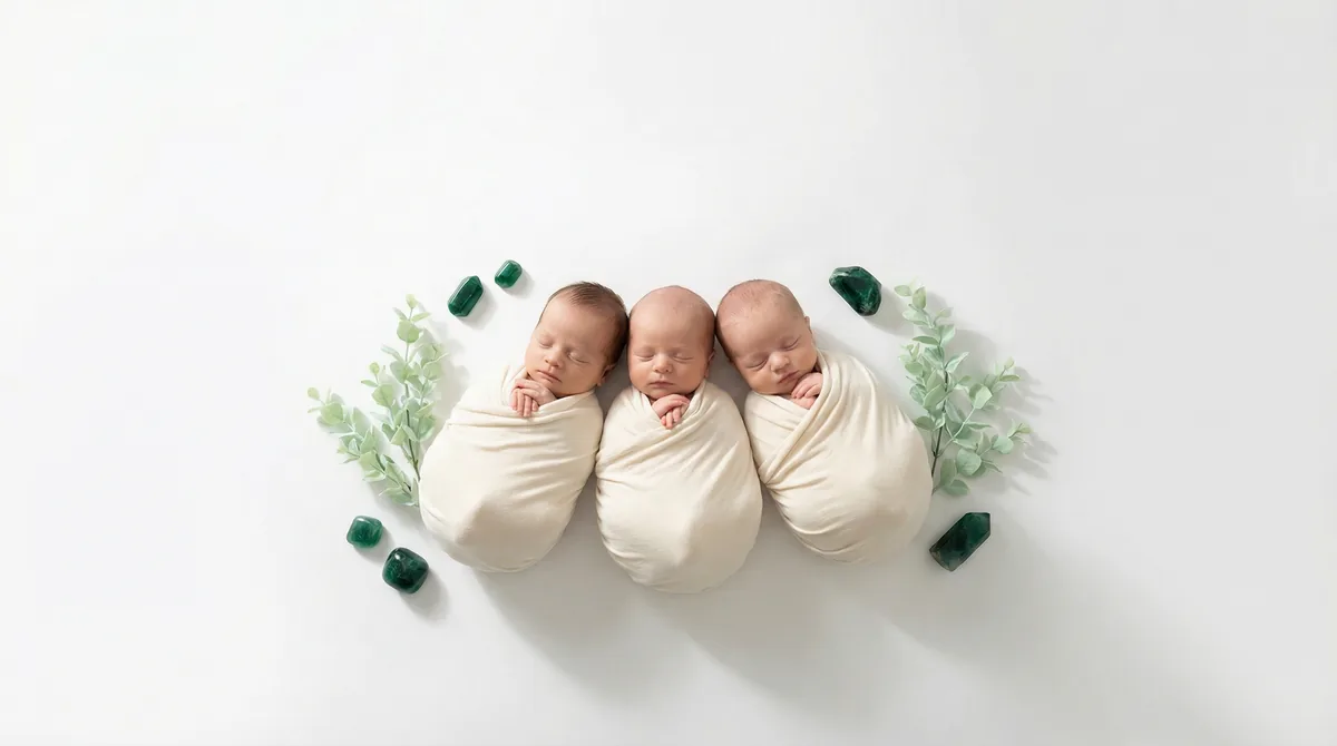 Editorial baby photoshoot with gemstones: gem emerald deep green
