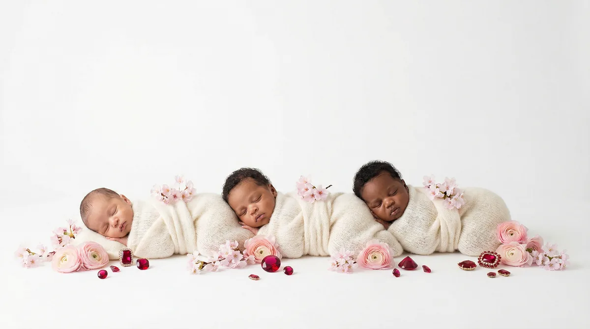 Editorial baby photoshoot with gemstones: gem ruby red accents