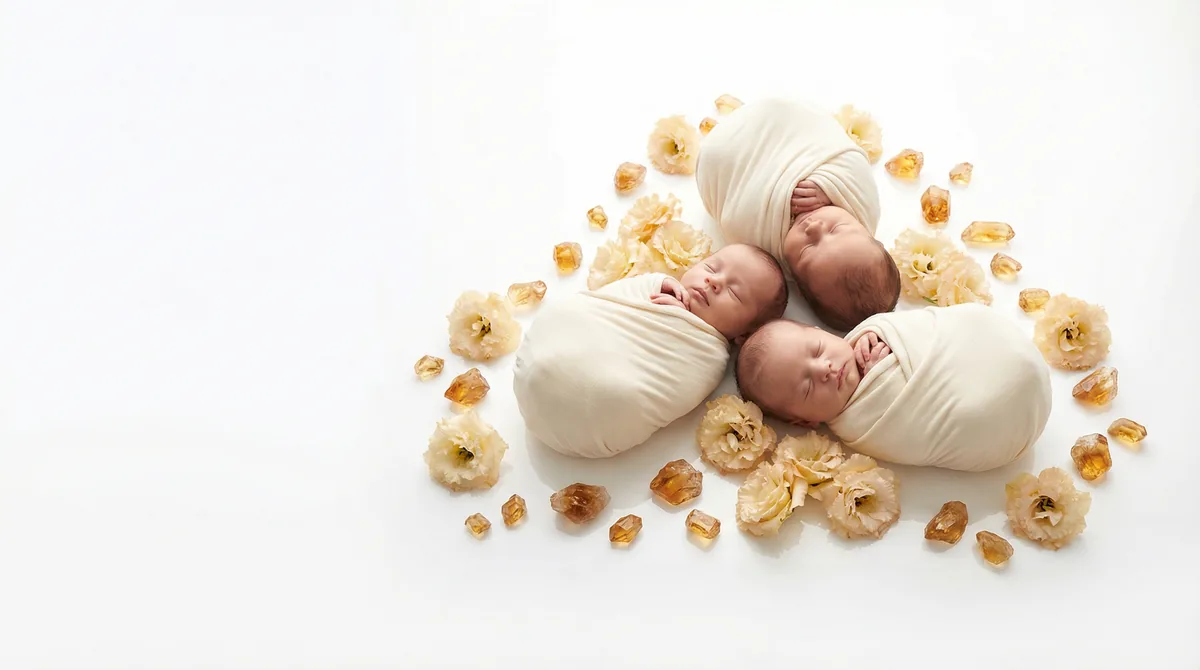 Editorial baby photoshoot with gemstones: gem topaz golden glow