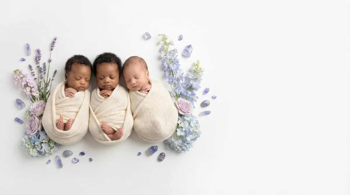 Editorial baby photoshoot with gemstones: gem tanzanite purple blue