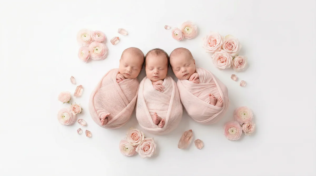 Editorial baby photoshoot with gemstones: gem morganite blush pink