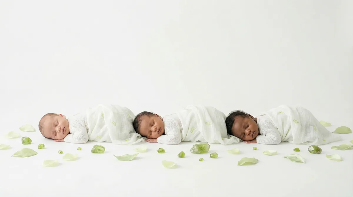 Editorial baby photoshoot with gemstones: gem peridot lime fresh