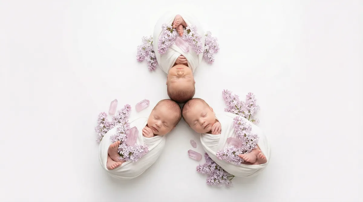 Editorial baby photoshoot with gemstones: gem kunzite lilac soft